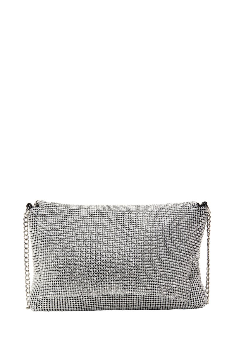 Ezüst színű clutch táska hálós mintával, apró fényes strasszkövekkel, téglalap alakú, és levehető lánccal.