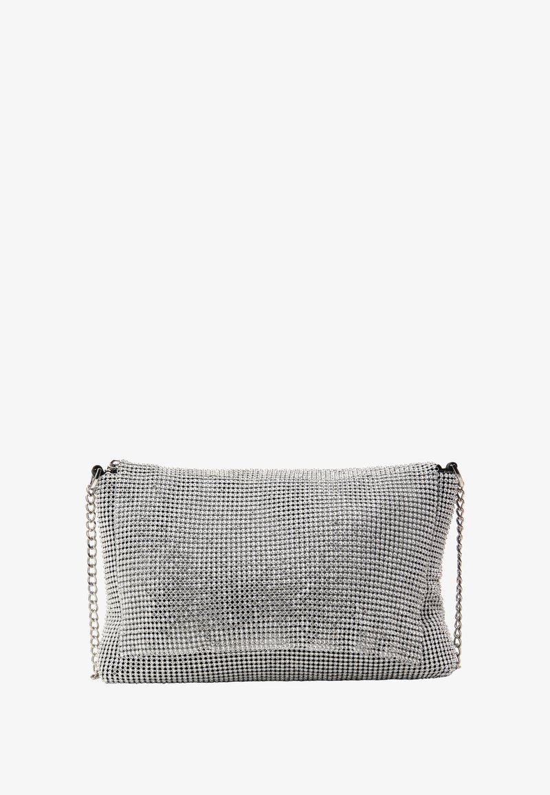 Borsa a pochette argento con design a rete caratterizzato da piccoli strass lucidi, forma rettangolare e tracolla removibile.