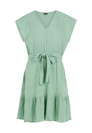 Mint green, short-sleeve dress with a V-neck, gathered waist, and a tiered ruffled hem. Made of lightweight, textured fabric.