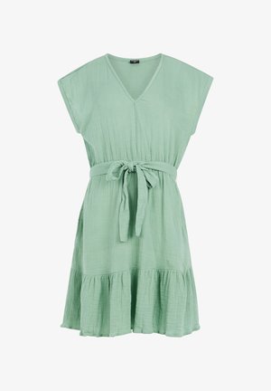 Mint green, short-sleeve dress with a V-neck, gathered waist, and a tiered ruffled hem. Made of lightweight, textured fabric.