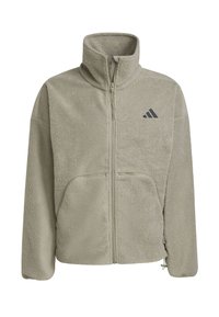 Fleece jacket in light green with a high collar, zip closure, two front pockets, and a gray logo on the left chest. Soft, textured fabric.