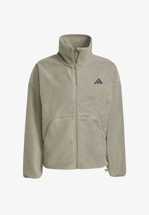 Fleece jacket in light green with a high collar, zip closure, two front pockets, and a gray logo on the left chest. Soft, textured fabric.