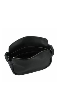 Borsa a spalla in pelle nera con apertura a zip, caratterizzata da una texture liscia e due scomparti interni per l'organizzazione.