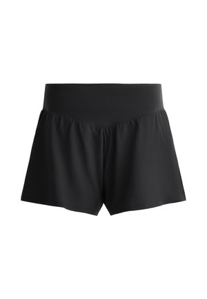 Pantaloni corti neri con una cintura larga e morbida e un design ampio e fluido. Realizzati in un materiale liscio ed elasticizzato per comfort e libertà di movimento.