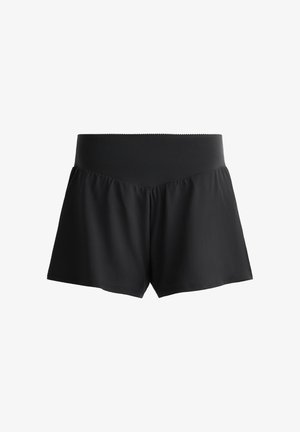 Pantaloni corti neri con una cintura larga e morbida e un design ampio e fluido. Realizzati in un materiale liscio ed elasticizzato per comfort e libertà di movimento.