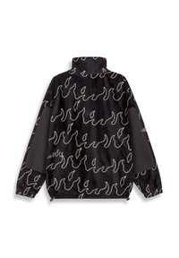 Fleece trui in zwart met een wit golvend patroon. Lange mouwen met grijze stofaccenten. Hoge kraag en elastische zoom aan de onderkant.