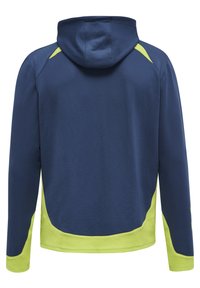 Marinblå luvtröja med limegröna detaljer. Har texturerad tygkvalitet, långa ärmar och en avslappnad passform.
