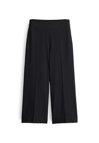 Black wide-leg trousers with a smooth texture, featuring a comfortable elastic waistband and two side pockets. Pleated design adds detail.