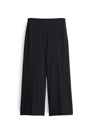 Black wide-leg trousers with a smooth texture, featuring a comfortable elastic waistband and two side pockets. Pleated design adds detail.