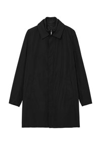 Schwarzer Mantel mit langen Ärmeln, Kragen, vorderem Reißverschluss, zwei seitlichen Taschen und glatter Textur. Verfügt über eine lockere Passform und minimalistisches Design.