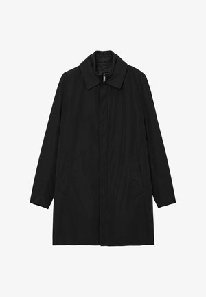 Schwarzer Mantel mit langen Ärmeln, Kragen, vorderem Reißverschluss, zwei seitlichen Taschen und glatter Textur. Verfügt über eine lockere Passform und minimalistisches Design.