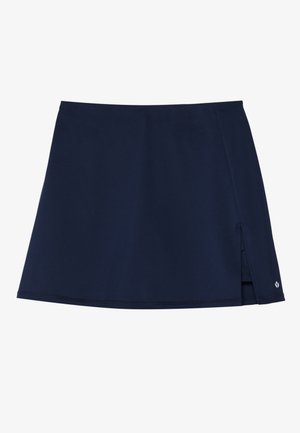 Jupe-culotte marine en tissu léger et doux. Présente une fente sur le côté et un petit logo sur l'ourlet avant droit. Forme en A.