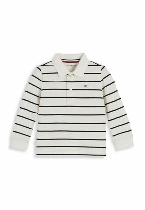 Hvid polo med lange ærmer med marineblå vandrette striber og et lille Tommy Hilfiger-logo på brystet.