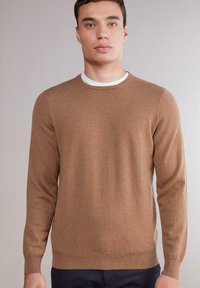 Brauner Strickpullover mit langen Ärmeln und Rundhalsausschnitt, der eine glatte Textur sowie gerippte Bündchen und Saum aufweist. Über einem weißen Shirt getragen.