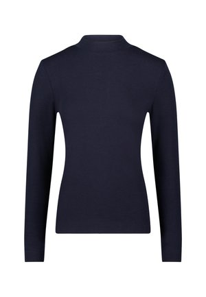 Marineblauwe top met lange mouwen en hoge hals. Gemaakt van gladde stof, met een aansluitend ontwerp en zonder zichtbare patronen of versieringen.