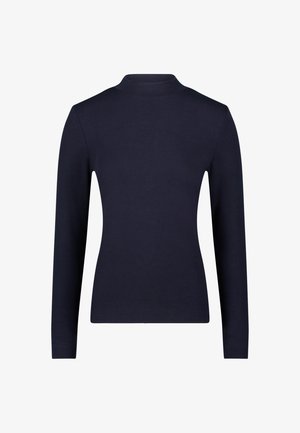 Navy long-sleeve top with a high neck. Made of smooth fabric, featuring fitted design and no visible patterns or embellishments.