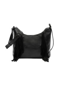 Borsa a spalla in pelle nera con una texture liscia, tracolla regolabile e lunghi tasselli neri su ciascun lato. Chiusura superiore con zip.