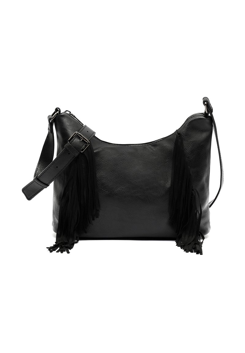 Borsa a spalla in pelle nera con una texture liscia, tracolla regolabile e lunghi tasselli neri su ciascun lato. Chiusura superiore con zip.