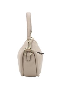 Beige Lederhandtasche mit klarer Form, einem oberen Griff und goldfarbenen Metallakzenten. Reißverschluss und glatte, strukturierte Oberfläche.