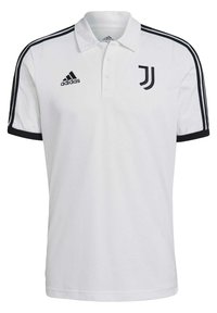 Polo blanc Adidas avec logo Juventus noir sur la poitrine, bandes Adidas noires sur les épaules et poignets de manches noirs.