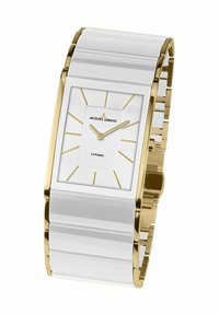 Reloj de cerámica blanca con caja rectangular en tono dorado, agujas doradas y marcadores de horas. Presenta una correa texturizada y el logo de la marca en la esfera.