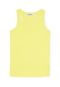 Top amarillo de tirantes finos con escote redondeado. Confeccionado en tejido acanalado, presenta una textura suave y un dobladillo recto.