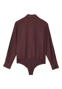 Body a maniche lunghe bordeaux con colletto, polsini abbottonati e fondo aderente. Texture liscia con un design elegante.