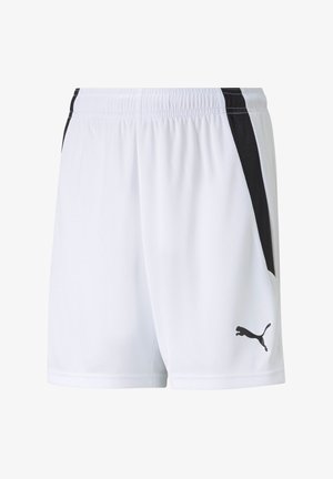 Pantaloni corti sportivi bianchi con accenti neri ai lati, vita elastica e logo PUMA in nero sul lato sinistro in basso. Tessuto liscio e leggero.