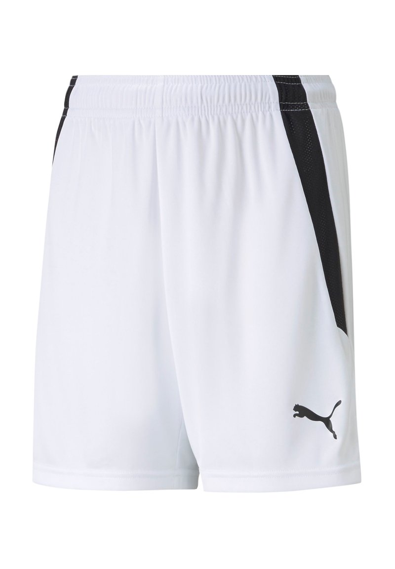Weiße Sportshorts mit schwarzen seitlichen Akzenten, elastischem Bund und schwarzem PUMA-Logo auf der unteren linken Seite. Weicher, leichter Stoff.