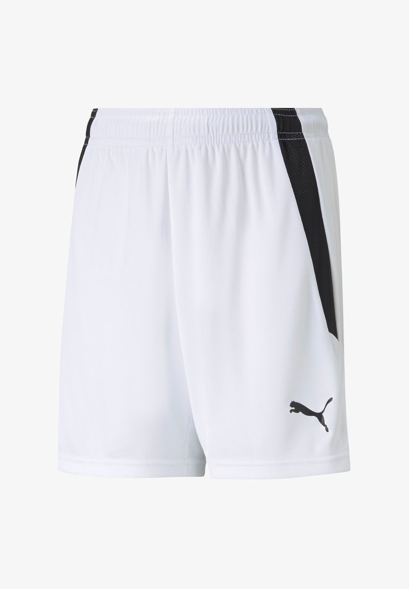 Weiße Sportshorts mit schwarzen seitlichen Akzenten, elastischem Bund und schwarzem PUMA-Logo auf der unteren linken Seite. Weicher, leichter Stoff.