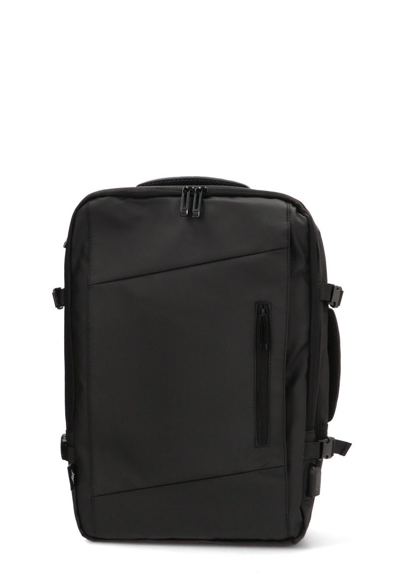Mochila negra con forma rectangular, fabricada en un tejido duradero. Cuenta con un bolsillo frontal con cremallera, correas ajustables y un diseño elegante con acentos mínimos.