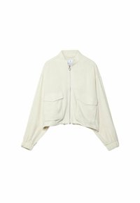 Chaqueta corta de color crema hecha de tela ligera, con cremallera frontal, dos grandes bolsillos y puños fruncidos.