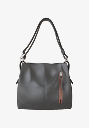 Gray leather handbag with a smooth texture, a single long strap, and a side zipper pocket featuring a contrasting brown accent.