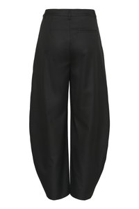 Black wide-leg trousers with a high waist, belt loops, and a single back welt pocket.