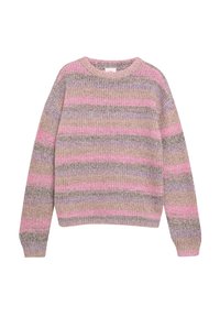 Gebreid trui met horizontale strepen in roze, lavendel, bruin en crème. Ronde halslijn, lange mouwen en een gestructureerde stof.