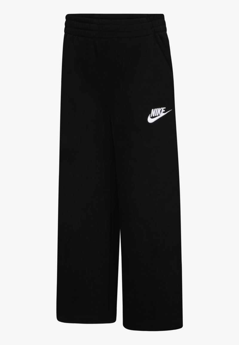 Calças de treino pretas de algodão com um cós elástico. Apresentam um logo da Nike em branco na coxa esquerda. Design de pernas largas.