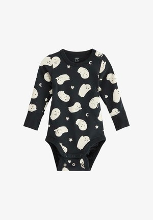 Långärmad body i bomull i mörkblått med vitt spöke- och stjärnmönster. Har tryckknappar i botten och rundad halsringning.