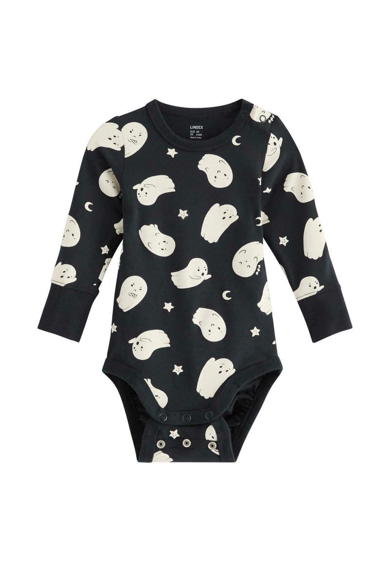 Langærmet bodysuit i mørkeblåt bomuld med mønster af hvide spøgelser og stjerner. Har trykknapper i bunden og en rund halsudskæring.