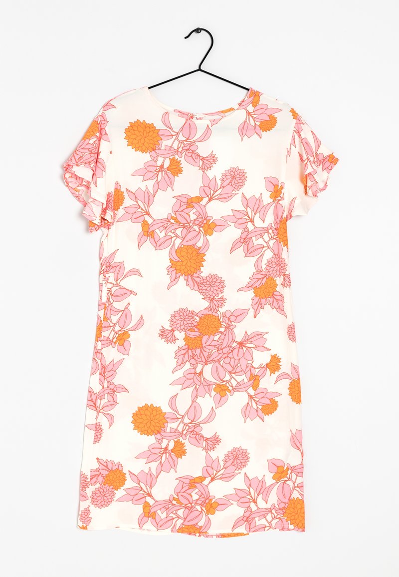 Abito floreale con maniche corte, presenta uno sfondo crema, motivi di fiori rosa e arancioni, e un collo rotondo.