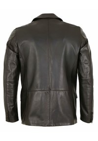 Schwarze Lederjacke mit strukturiertem Design, glatter Textur und taillierter Passform. Enthält einen ausgeschnittenen Kragen und Knopfakzente.