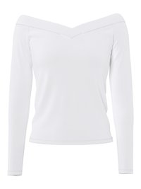 Balta garām piedurknēm krekls bez pleciem ar V veida izgriezumu un pieguļošu siluetu uz balta fona.