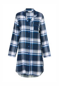 Camicia da notte a scacchi nei colori navy, grigio e bianco, con maniche lunghe, colletto a notched, tasca frontale e dettagli dei bottoni blu. Materiale in cotone.