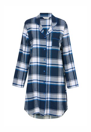 Camisón a cuadros en azul marino, gris y blanco, con mangas largas, cuello tipo notch, bolsillo frontal y detalles en botones azules. Material de algodón.