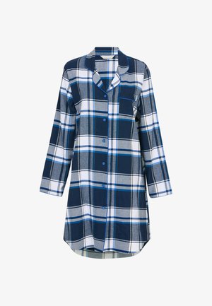 Geruite nachtjapon in marineblauw, grijs en wit, met lange mouwen, een notch-kraag, een voorkwart pocket en blauwe knoopaccenten. Gemaakt van katoen.