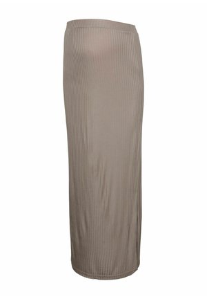 Smėlio spalvos ribuotas megztas pieštuko formos sijonas su šono skeltuku, vidurio blauzdos ilgio ir aptemptu liemeniu.