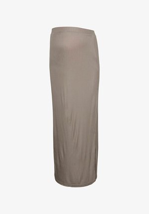 Beżowa prążkowana spódnica ołówkowa z dzianiny, z rozcięciem po boku, długości do połowy łydki, z dopasowaną talią.