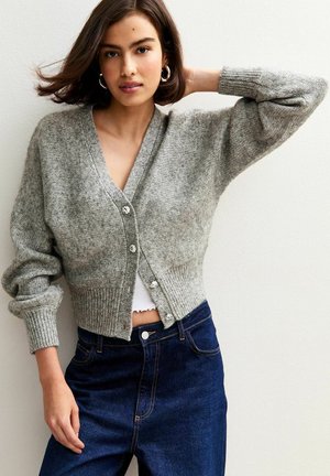 Grijze gebreide cardigan met een diepe V-hals, knoopsluiting en geribde manchetten. Draag het over een witte top, gecombineerd met donkere jeans. Zachte textuur.