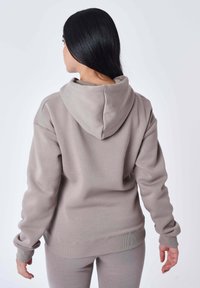 Lichtgrijze hoodie met geribde manchetten en zoom, met een zachte textuur en een relaxte pasvorm, gezien vanaf de achterkant.