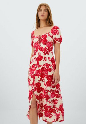 MIT SCHNÜRUNG UND BLUMENPRINT - Day dress - mottled beige
