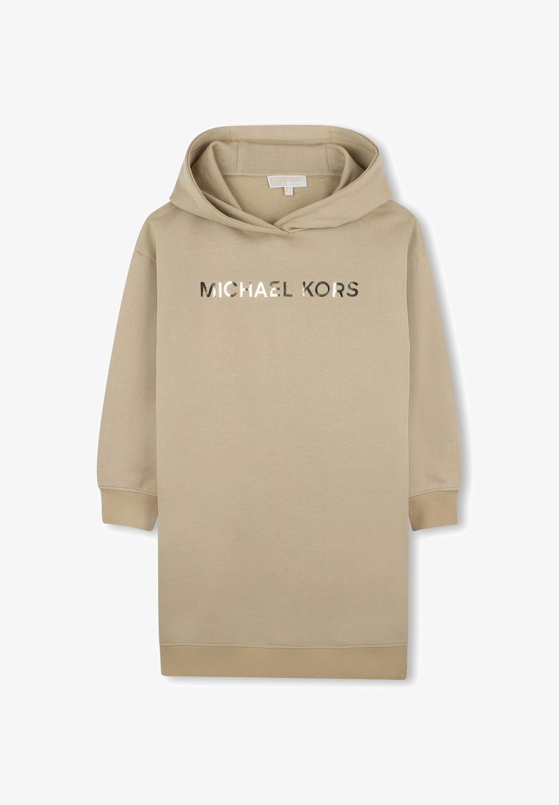 Sweat-shirt à capuche beige en matériau doux, avec des manches longues et un ourlet côtelé. Logo "MICHAEL KORS" en argent réfléchissant sur le devant.